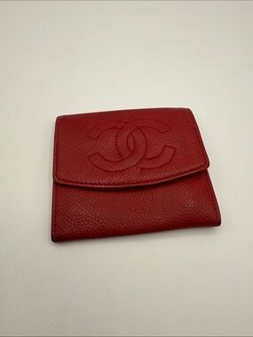 CHANEL Red Quilted CC Logo Leather Wallet